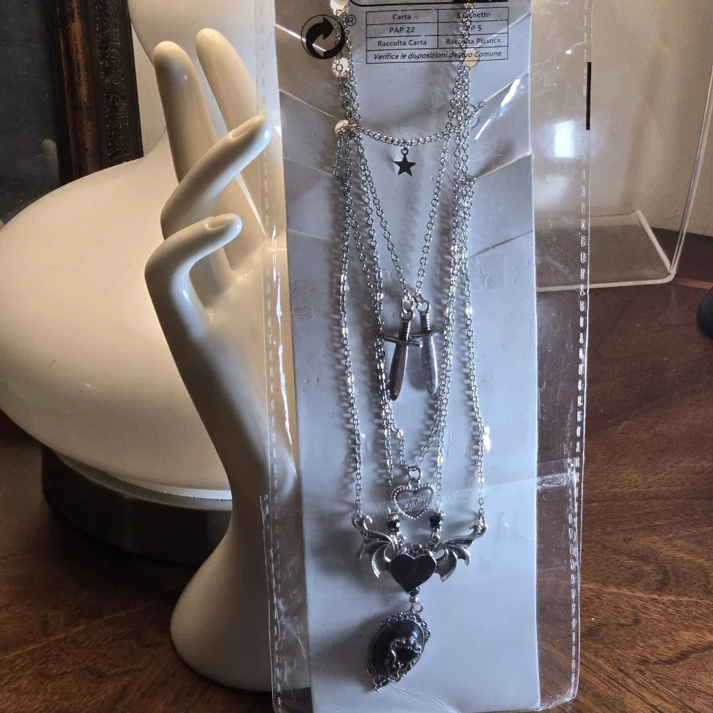 Gothic Heart & Wing Sword Pendant Necklace – Alloy Statement Jewelry - 5 pieces